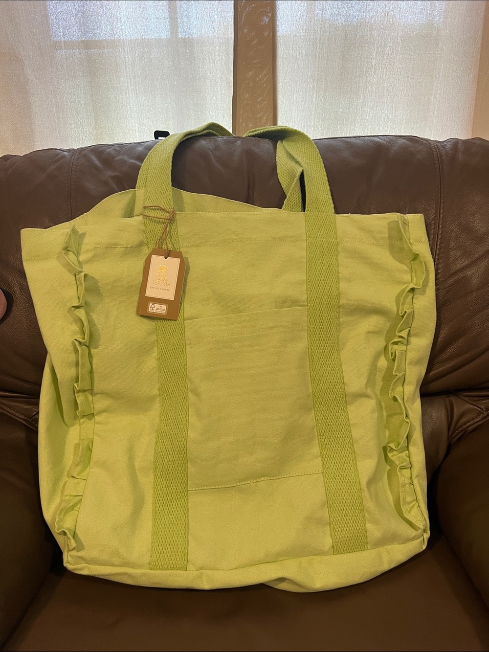 Green Ruffle Canvas Tote Bag with Webbed Handles